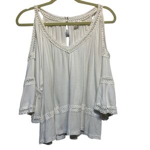 Venus Cold Shoulder Top Women Small White Crochet Lace Bell Sleeve Boho V-Neck